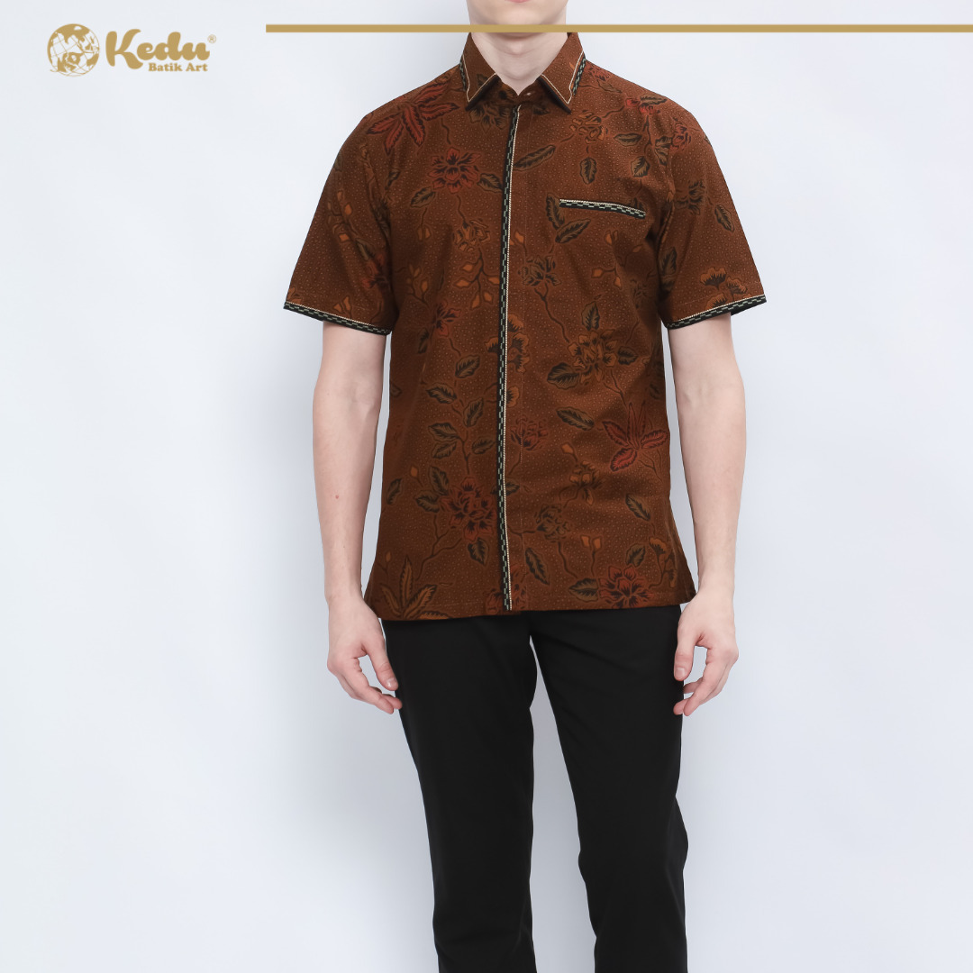 Jasmine - Kemeja Batik Pria Lengan Pendek Regular Fit Bordir Smock Katun Coklat