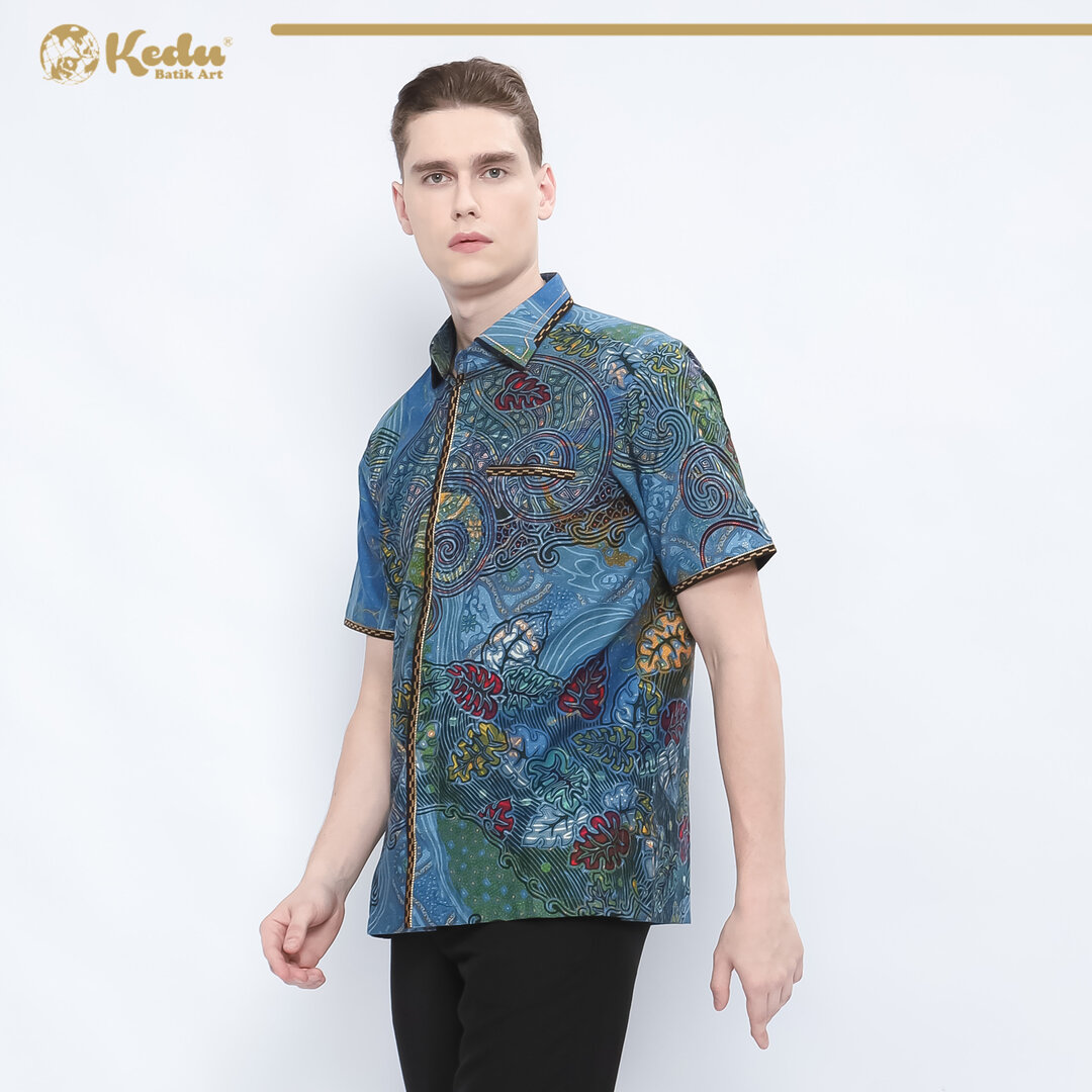 Niskala - Kemeja Batik Pria Lengan Pendek Regular Fit Bordir Smock Katun Biru