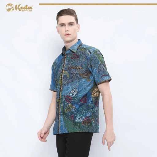 Image of Niskala - Kemeja Batik Pria Lengan Pendek Regular Fit Bordir Smock Katun Biru