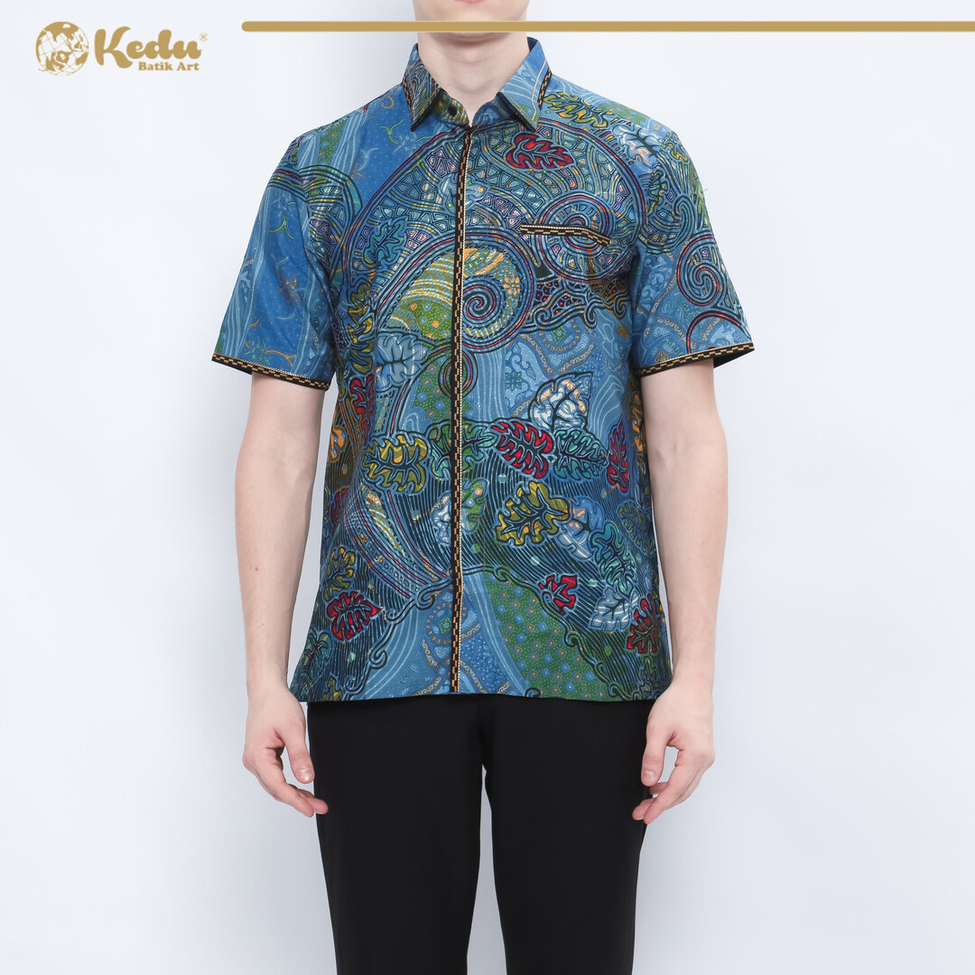 Niskala - Kemeja Batik Pria Lengan Pendek Regular Fit Bordir Smock Katun Biru