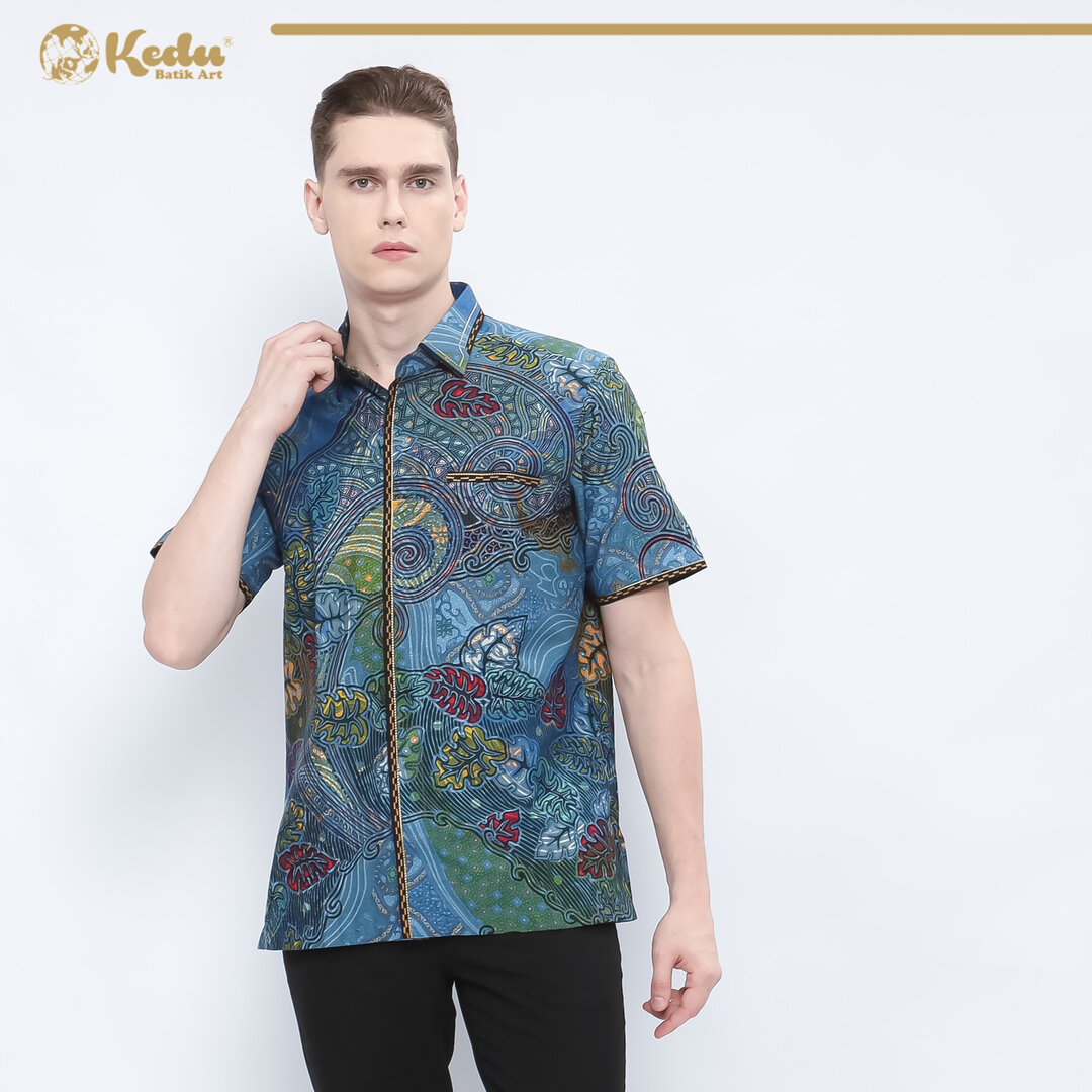 Niskala - Kemeja Batik Pria Lengan Pendek Regular Fit Bordir Smock Katun Biru