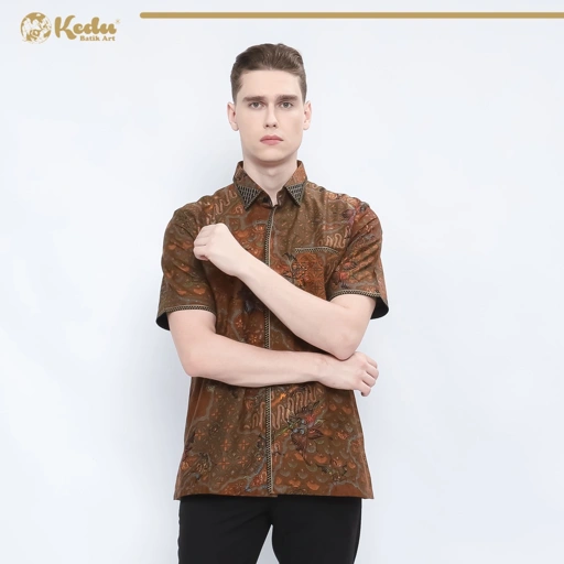 Image of Sophia - Kemeja Batik Pria Lengan Pendek Regular Fit Bordir Smock Katun Coklat