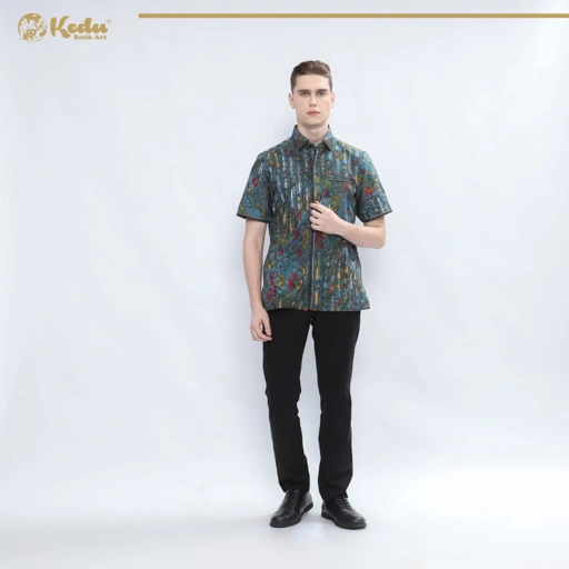 Image of Tamara - Kemeja Batik Pria Lengan Pendek Regular Fit Bordir Smock Katun Biru