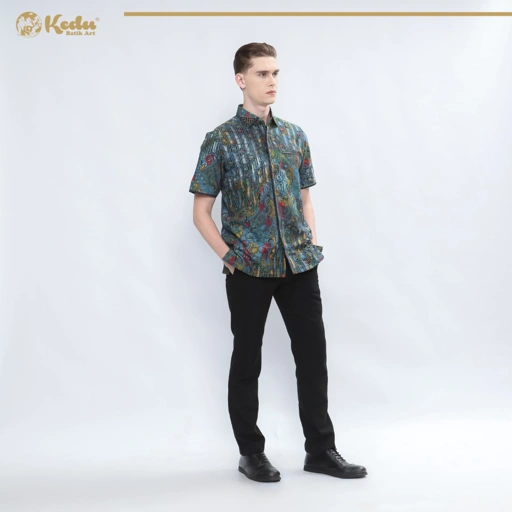 Image of Tamara - Kemeja Batik Pria Lengan Pendek Regular Fit Bordir Smock Katun Biru