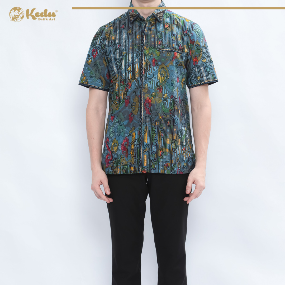 Tamara - Kemeja Batik Pria Lengan Pendek Regular Fit Bordir Smock Katun Biru