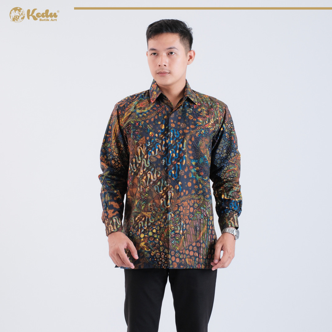 Nova - Kemeja Batik Pria Lengan Panjang Regular Fit Katun Navy
