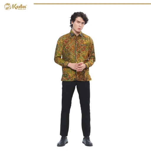 Image of Aksara - Kemeja Batik Pria Lengan Panjang Regular Fit Bordir Smock Dobby Kuning