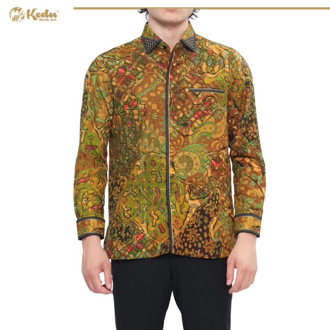 Aksara - Kemeja Batik Pria Lengan Panjang Regular Fit Bordir Smock Dobby Kuning