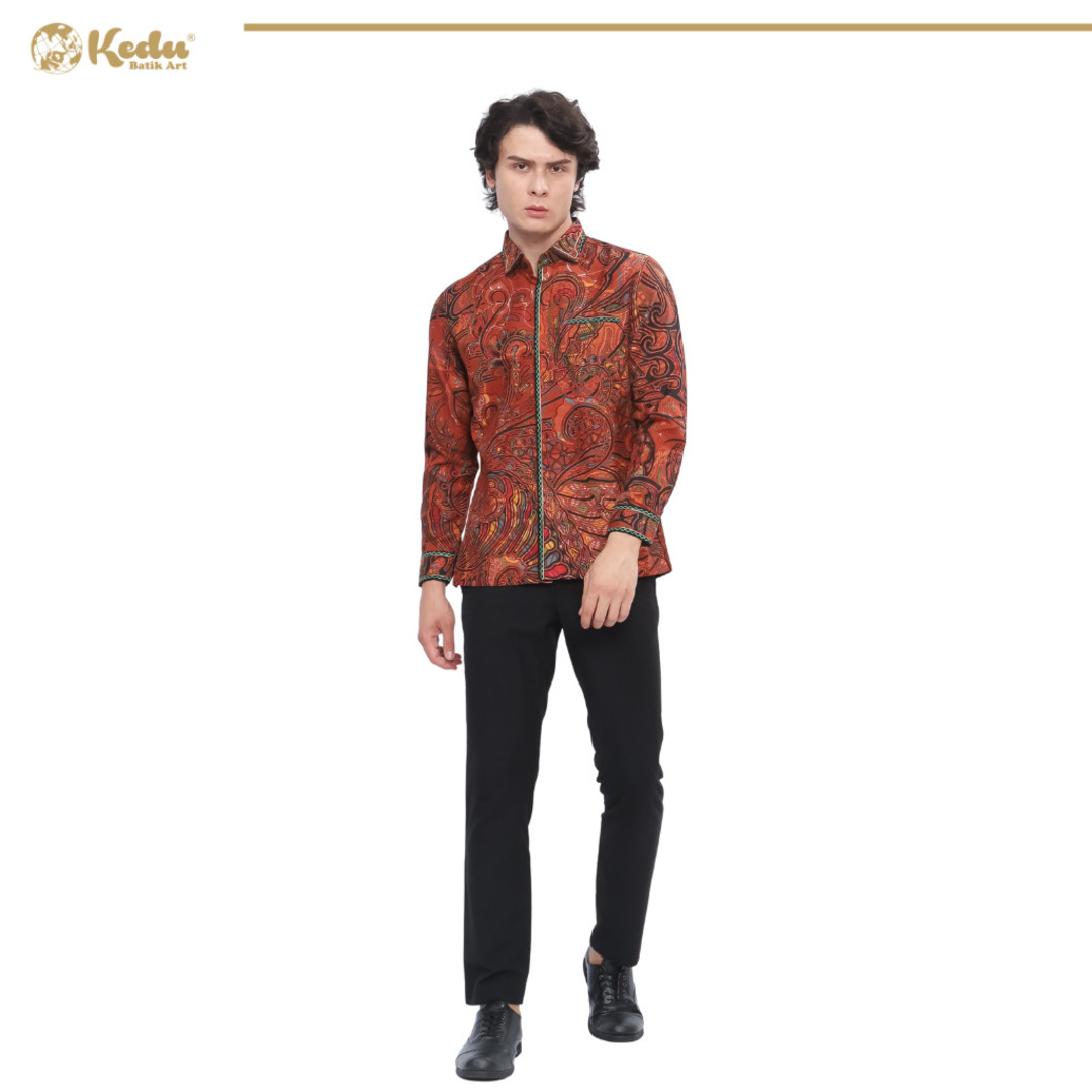 Elvara - Kemeja Batik Pria Lengan Panjang Regular Fit Bordir Smock Dobby Terracota
