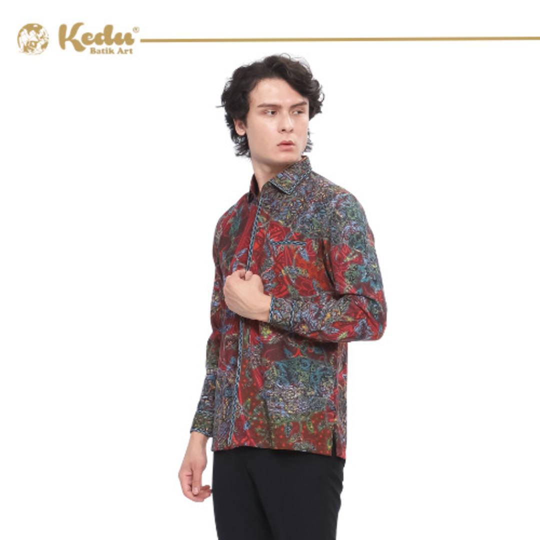Isvara - Kemeja Batik Pria Lengan Panjang Regular Fit Bordir Smock Dobby Burgundy