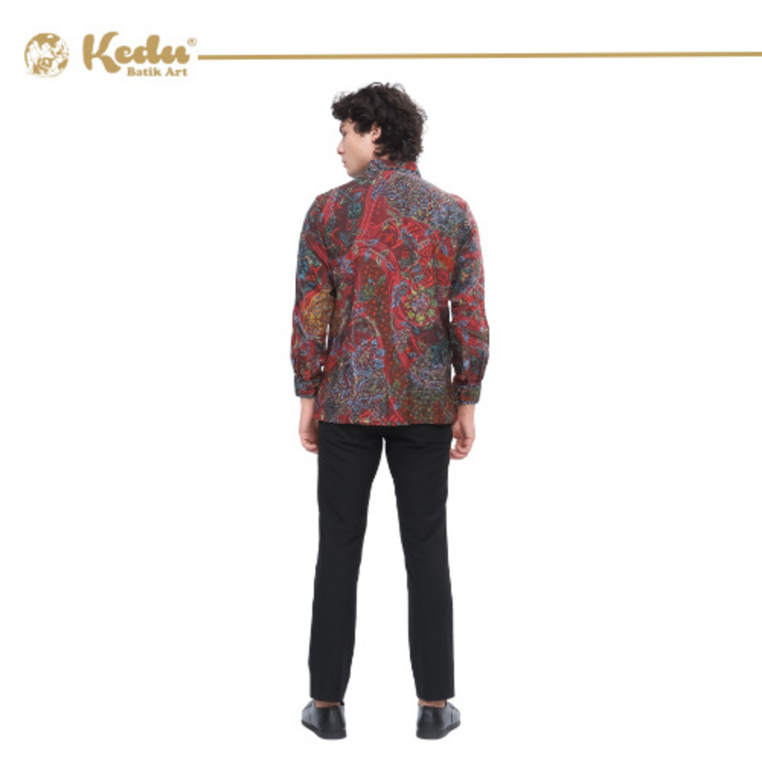 Isvara - Kemeja Batik Pria Lengan Panjang Regular Fit Bordir Smock Dobby Burgundy