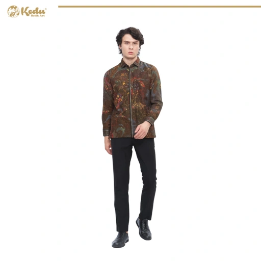 Image of Kaluna - Kemeja Batik Pria Lengan Panjang Regular Fit Bordir Smock Dobby Abu