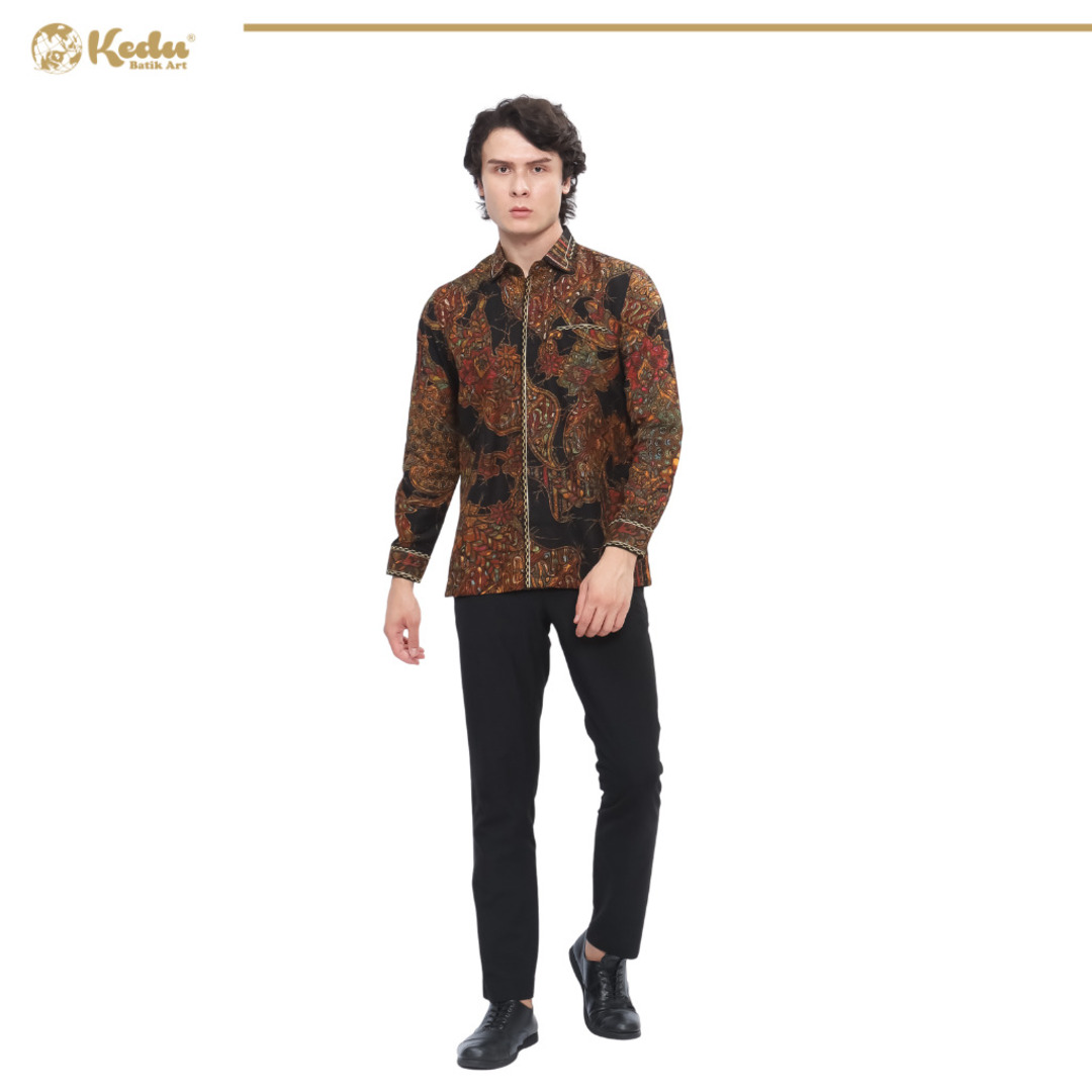 Laruna - Kemeja Batik Pria Lengan Panjang Regular Fit Bordir Smock Dobby Hitam