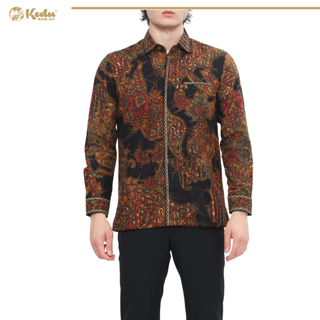 Laruna - Kemeja Batik Pria Lengan Panjang Regular Fit Bordir Smock Dobby Hitam