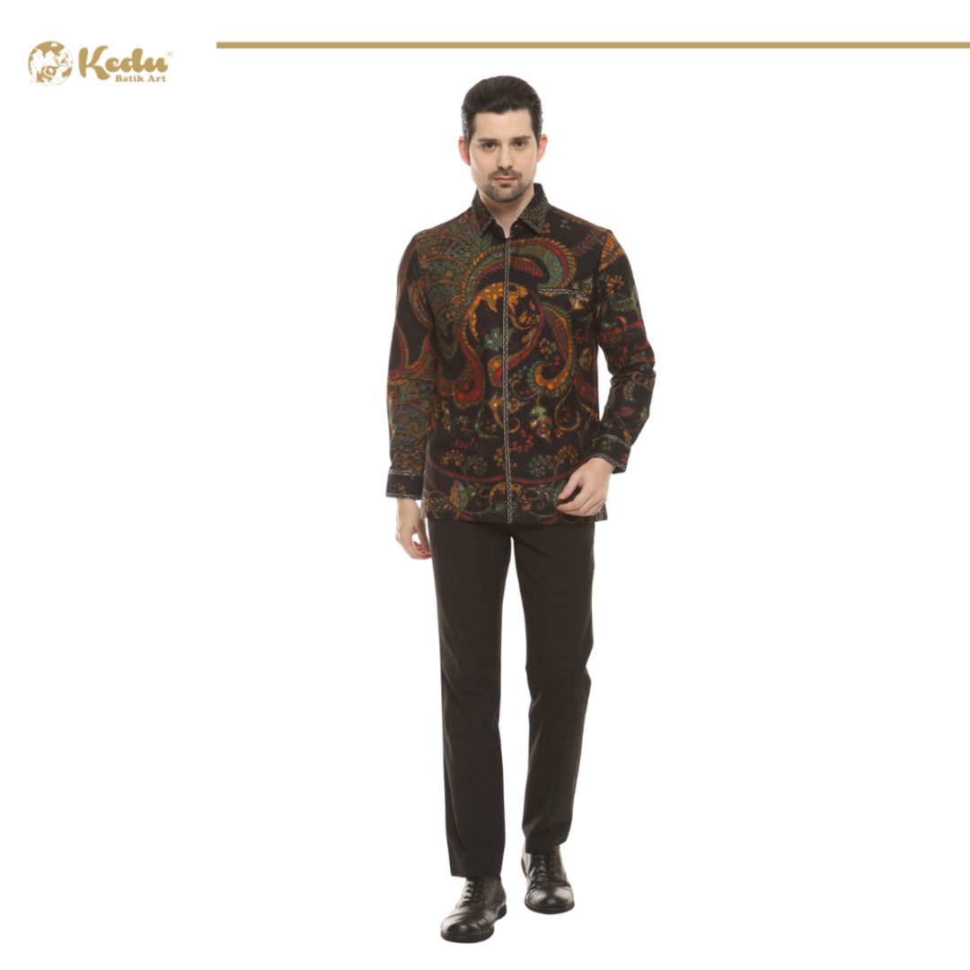 Azurra - Kemeja Batik Pria Lengan Panjang Regular Fit Bordir Smock Katun Hitam