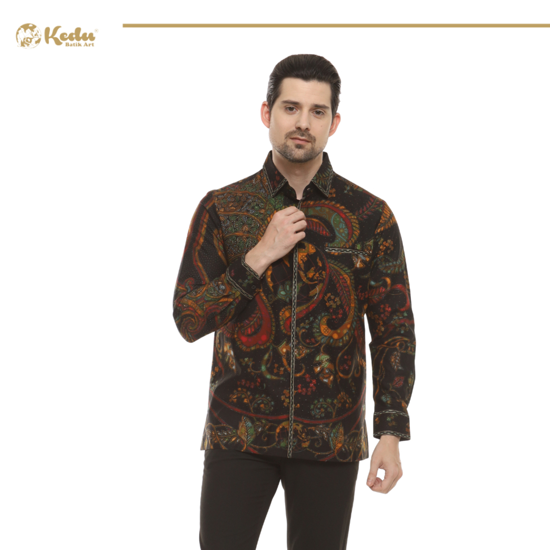 Azurra - Kemeja Batik Pria Lengan Panjang Regular Fit Bordir Smock Katun Hitam