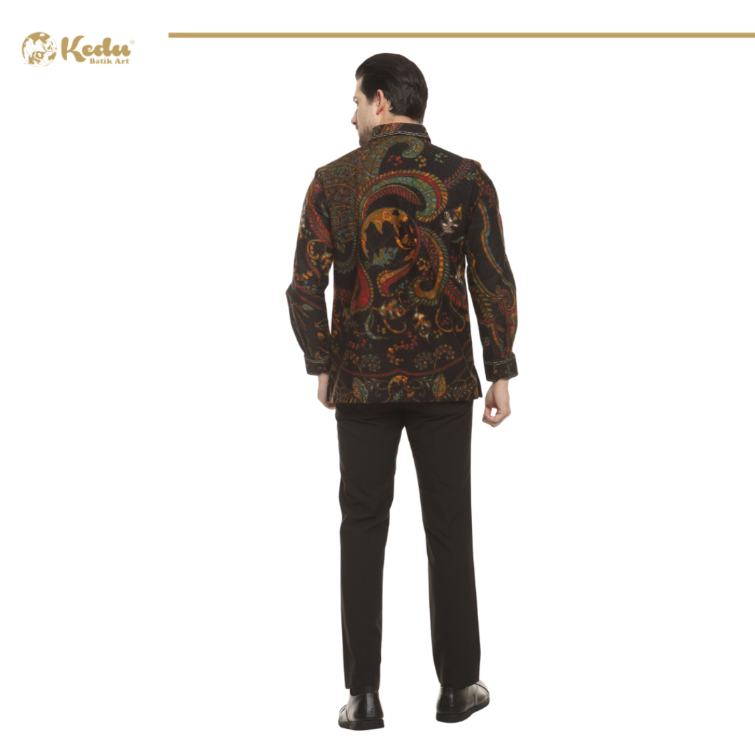 Azurra - Kemeja Batik Pria Lengan Panjang Regular Fit Bordir Smock Katun Hitam