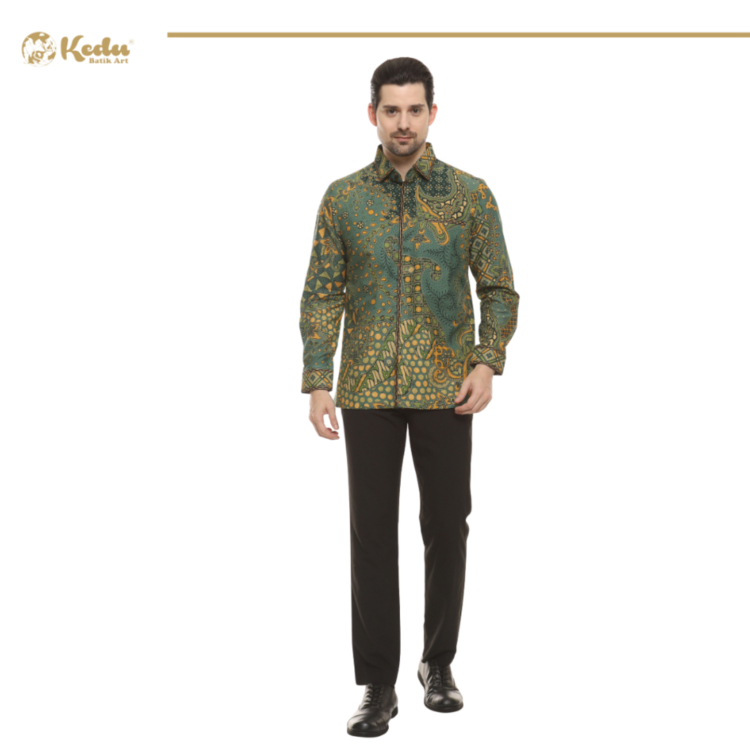 Nuraya - Kemeja Batik Pria Lengan Panjang Regular Fit Bordir Smock Katun Tosca