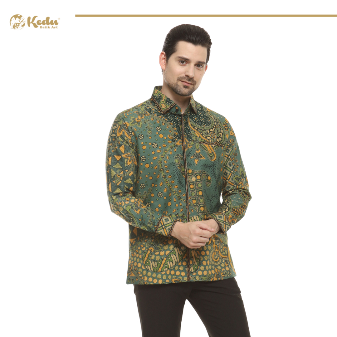 Nuraya - Kemeja Batik Pria Lengan Panjang Regular Fit Bordir Smock Katun Tosca