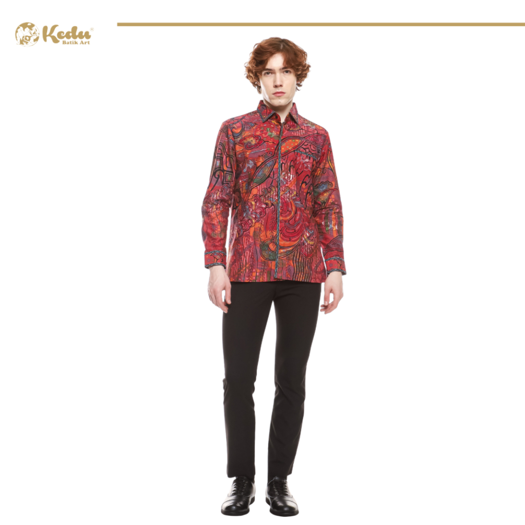 Ravella - Kemeja Batik Pria Lengan Panjang Regular Fit Bordir Smock Katun Pink