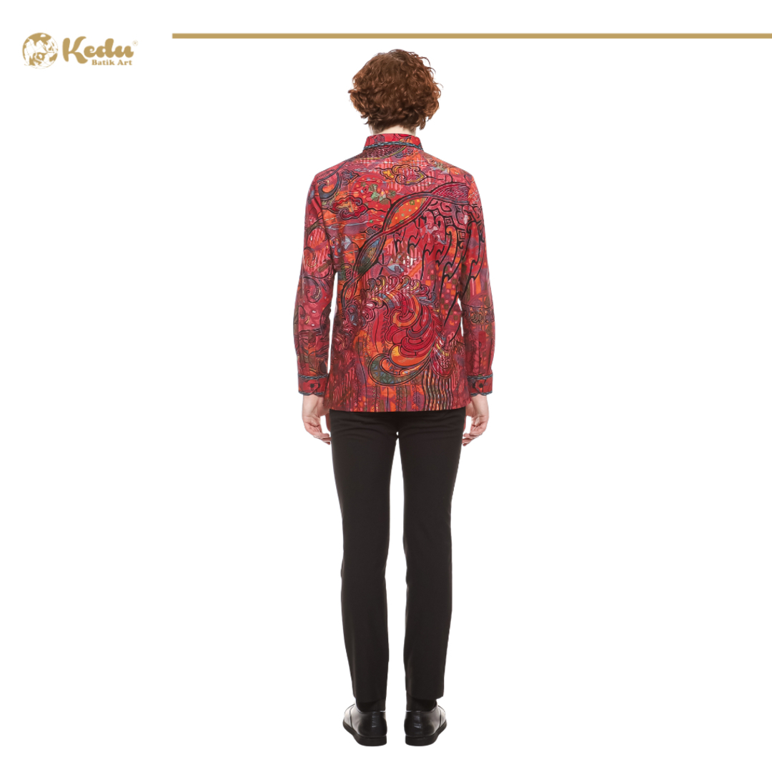 Ravella - Kemeja Batik Pria Lengan Panjang Regular Fit Bordir Smock Katun Pink
