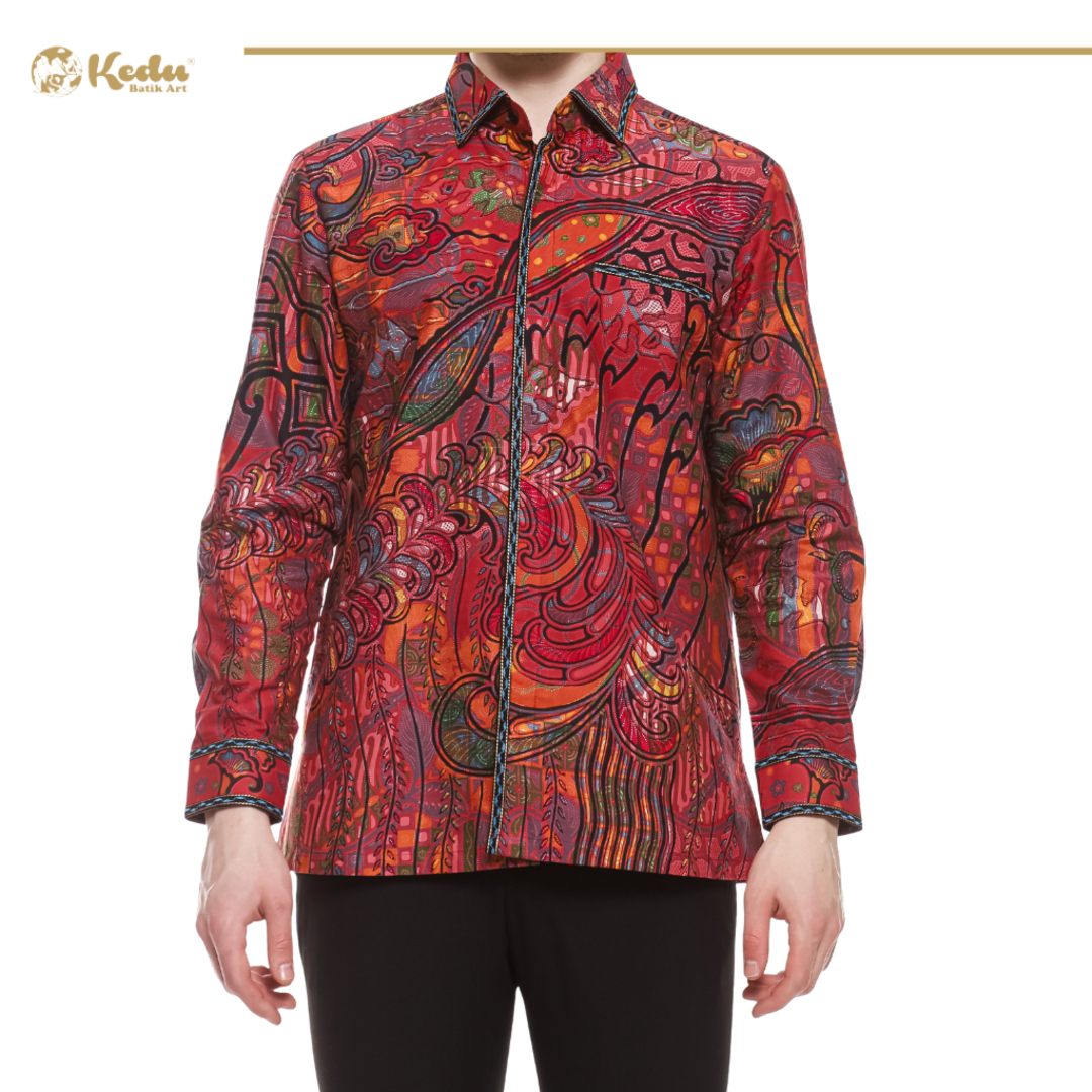 Ravella - Kemeja Batik Pria Lengan Panjang Regular Fit Bordir Smock Katun Pink