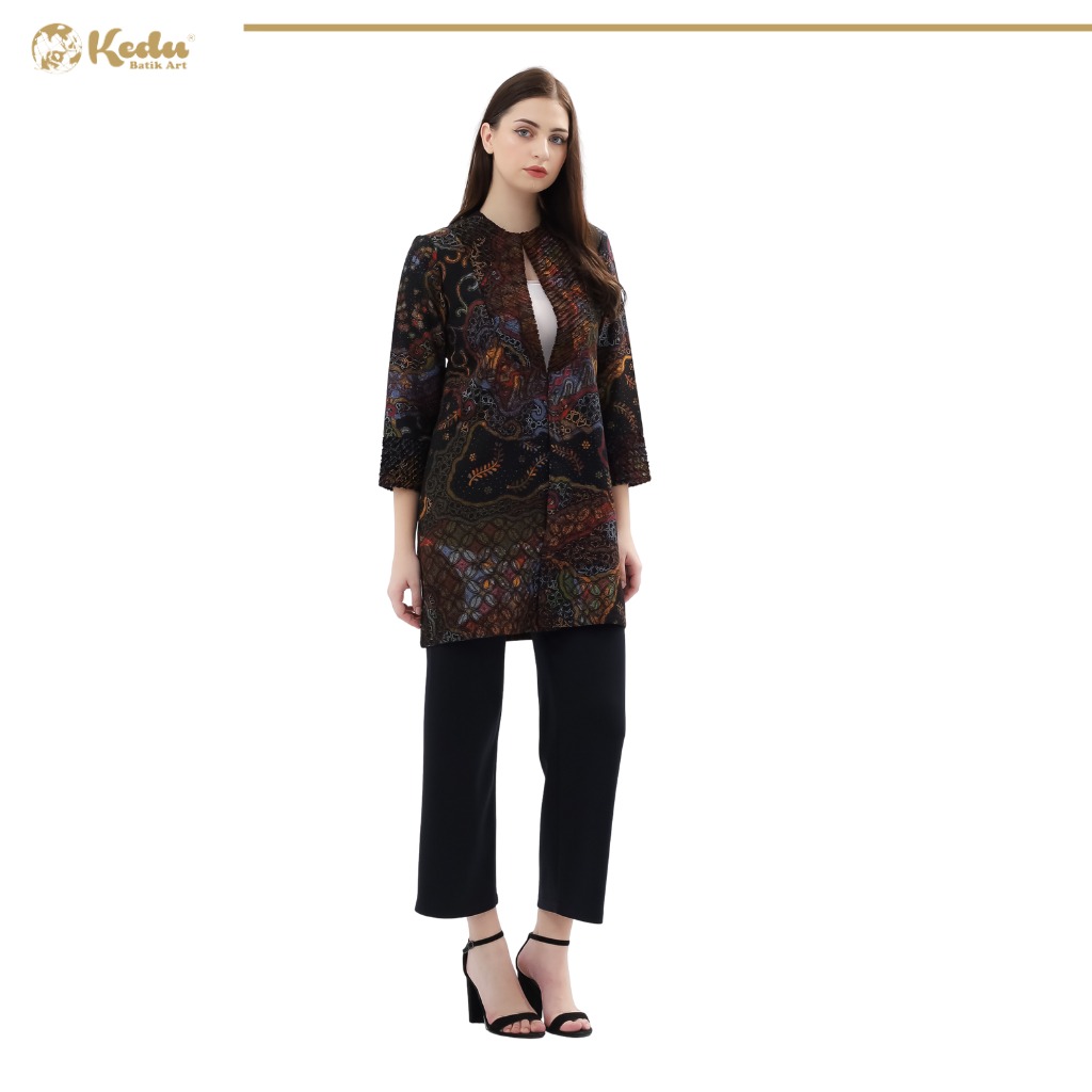 Keenan - Outer Batik Wanita Aksen Bulu Dobby Hitam
