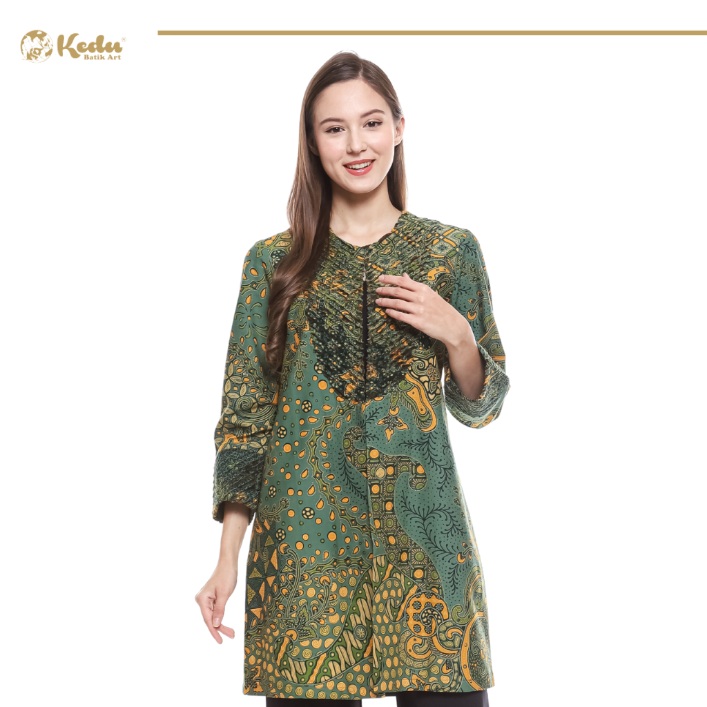 Nuraya - Outer Batik Wanita Aksen Bulu Katun Tosca