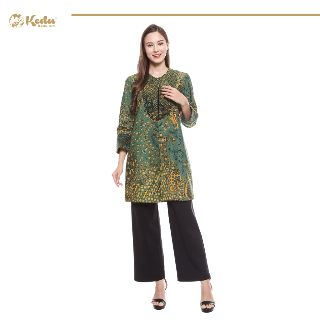 Nuraya - Outer Batik Wanita Aksen Bulu Katun Tosca