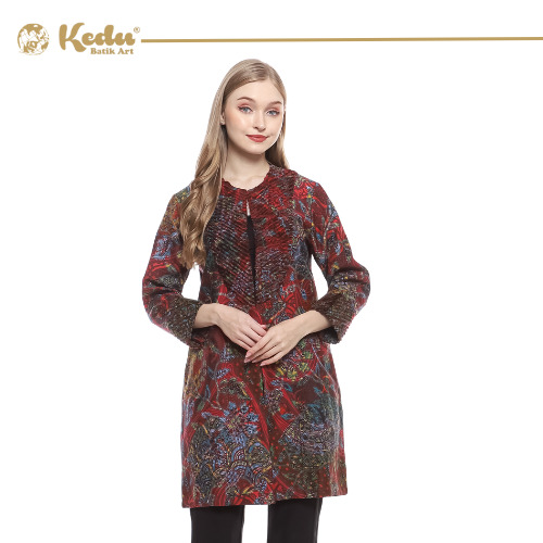 Isvara - Outer Batik Wanita Aksen Bulu Dobby Burgundy