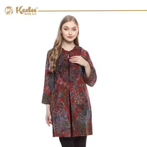 Isvara - Outer Batik Wanita Aksen Bulu Dobby Burgundy