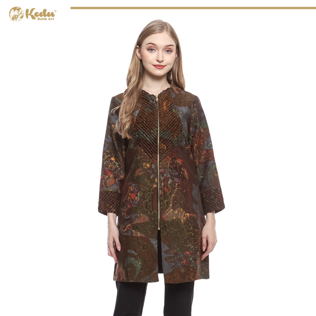 Kaluna - Tunik Batik Wanita Aksen Bulu Dobby Abu