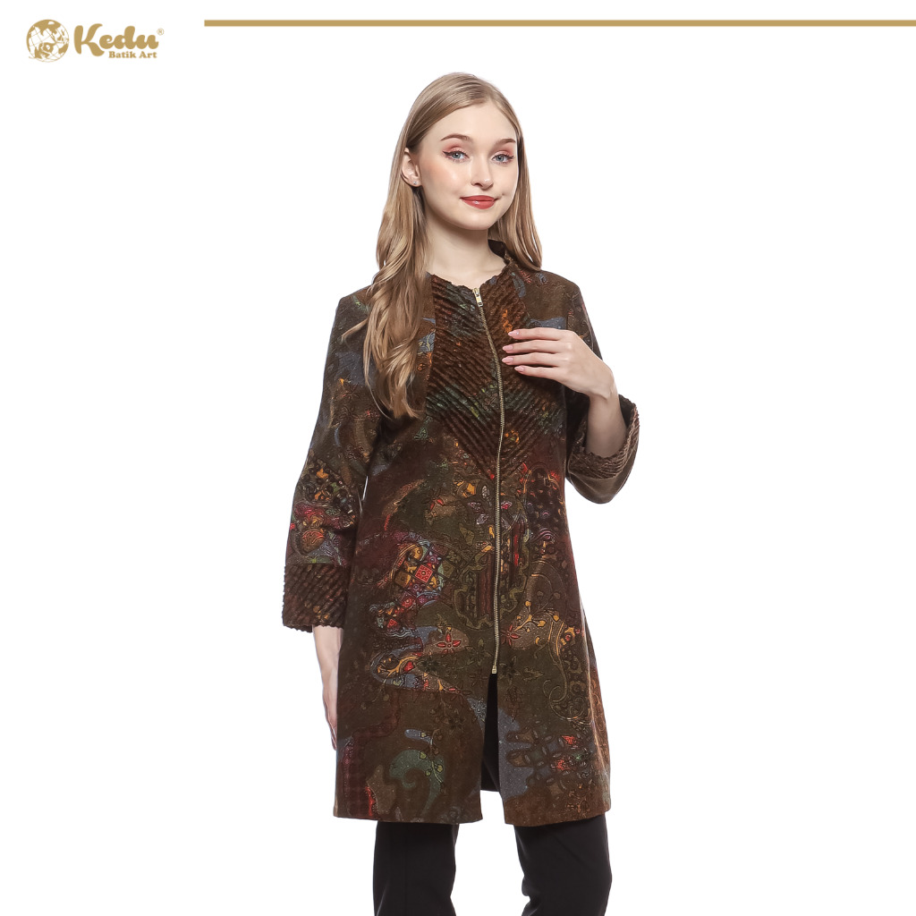 Kaluna - Tunik Batik Wanita Aksen Bulu Dobby Abu