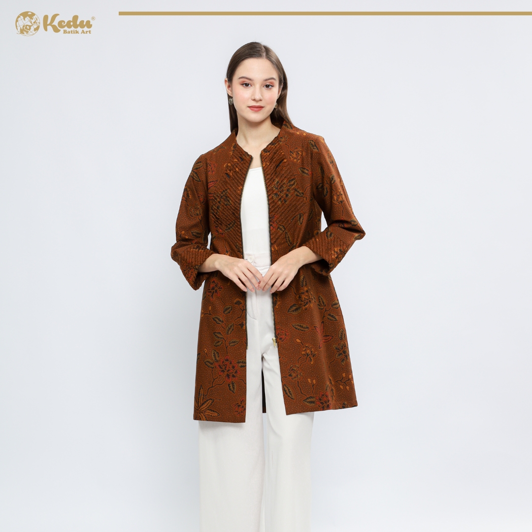 Jasmine - Tunik Batik Wanita Aksen Bulu Katun Coklat