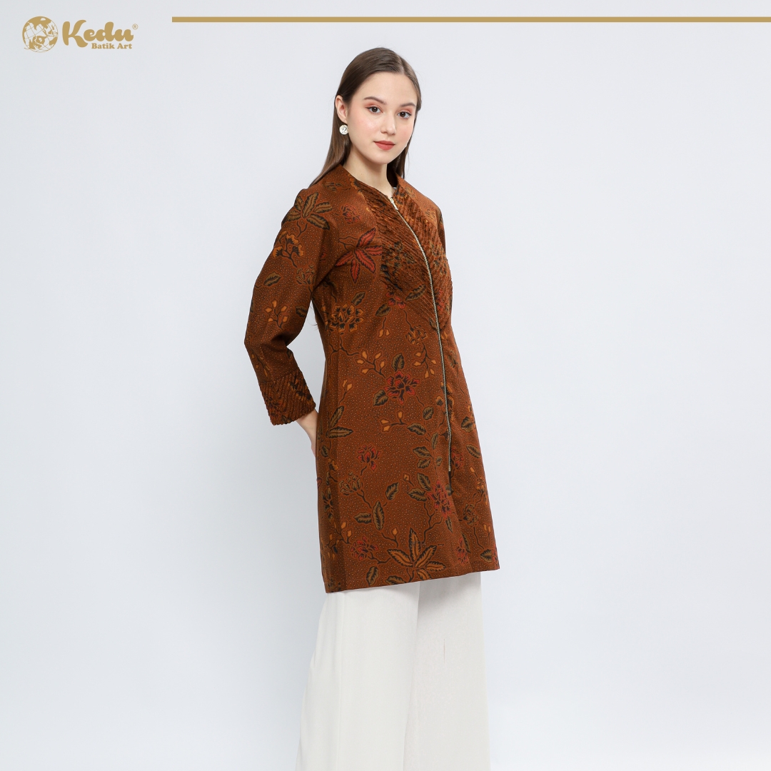 Jasmine - Tunik Batik Wanita Aksen Bulu Katun Coklat
