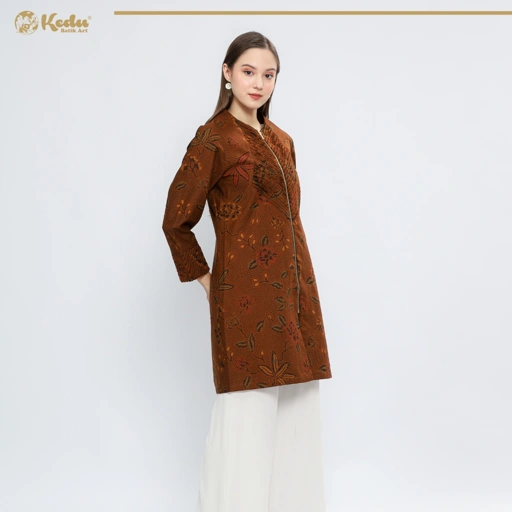 Image of Jasmine - Tunik Batik Wanita Aksen Bulu Katun Coklat