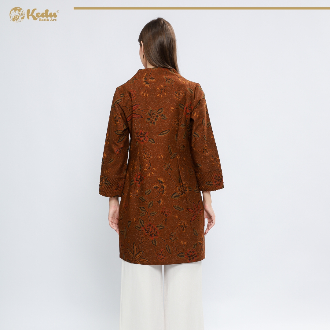 Jasmine - Tunik Batik Wanita Aksen Bulu Katun Coklat
