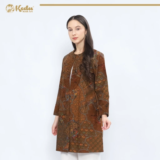 Image of Sophia - Outer Batik Wanita Aksen Bulu Katun Coklat