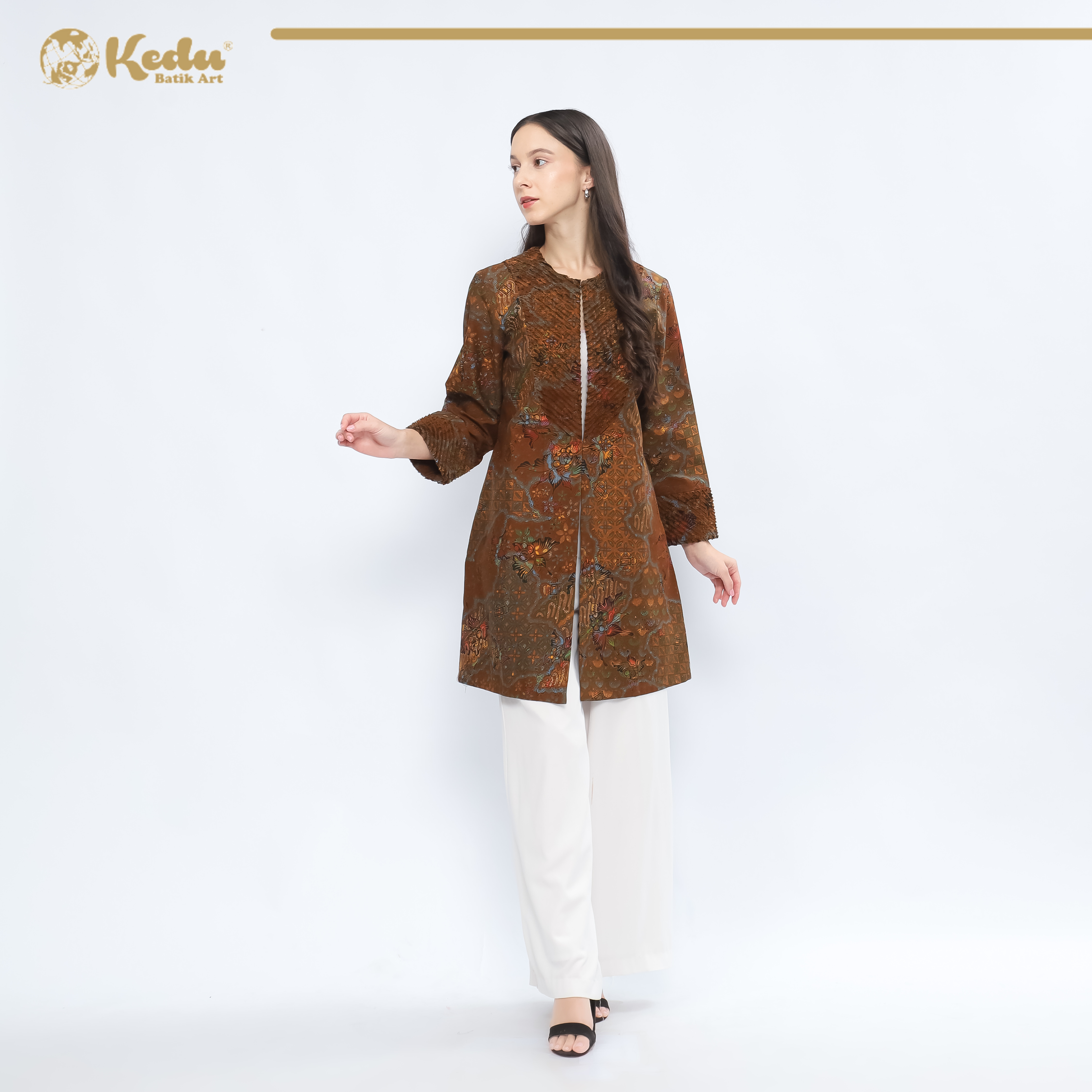 Sophia - Outer Batik Wanita Aksen Bulu Katun Coklat
