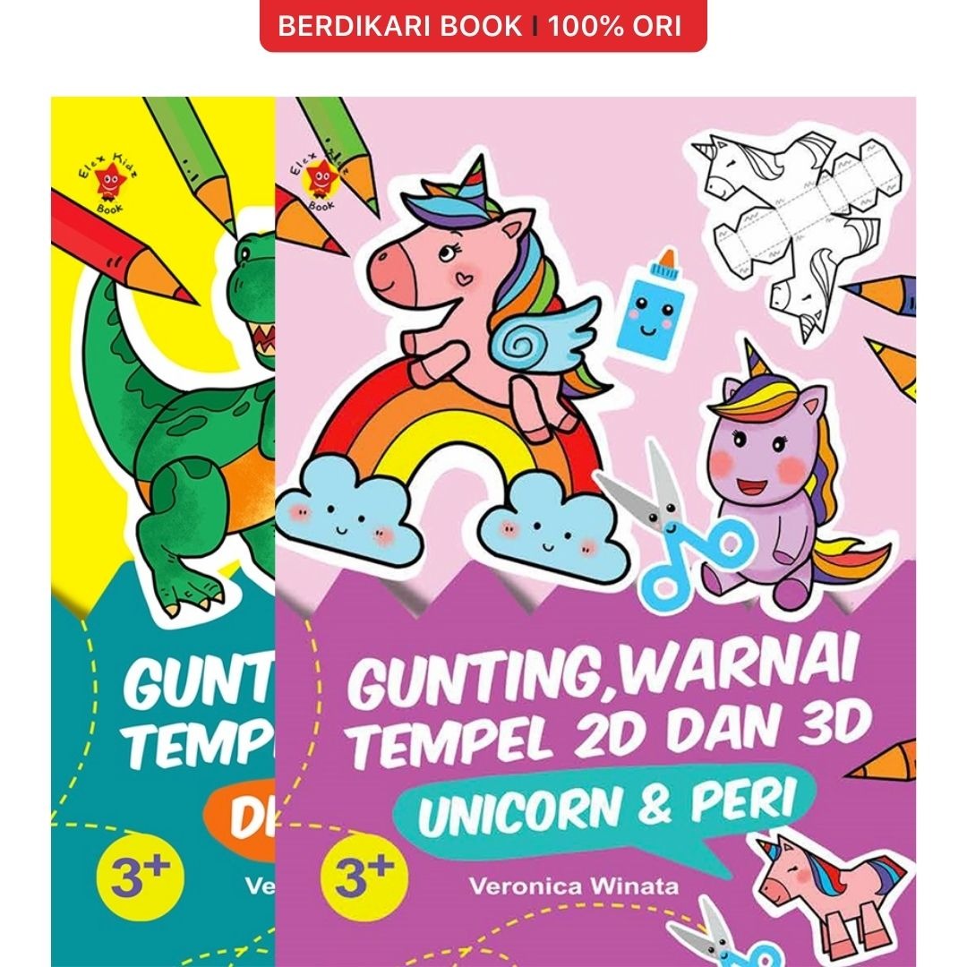 Paket Gunting, Warnai, Tempel 2D dan 3D: Dinosaurus dan Unicorn - Gramedia