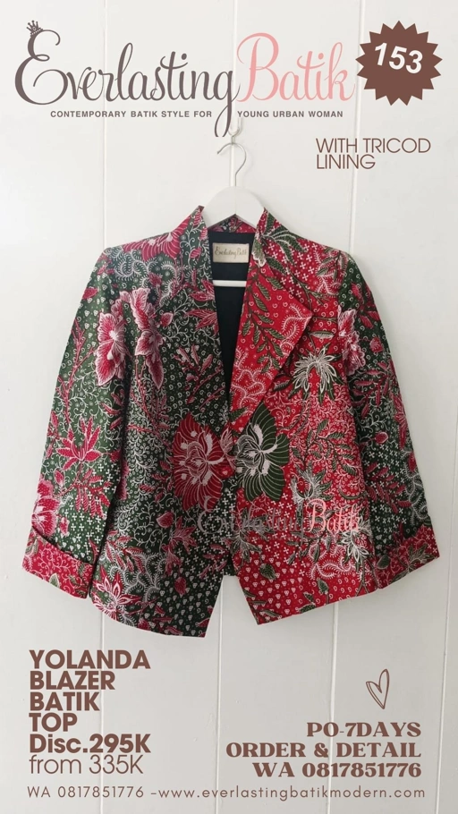 Image of  Lis Olis 2 model  : YOLANDA BLAZER size /LD baju : L - LD 92 CM Panjang lengan : 52 CM Panjang baju : 65 CM Furing : Tricod .    Ket : CATALOG 151 MERAHHIJAU