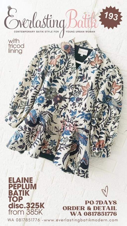 Image of 1198 Eka Purwanti model  : ELAINE PEPLUM TOP size /LD baju : L - LD 92 CM Panjang lengan : 42 CM Panjang baju : 65 CM Furing : Tricod .    Ket : CATALOG 192 Harga diskon  : 325K