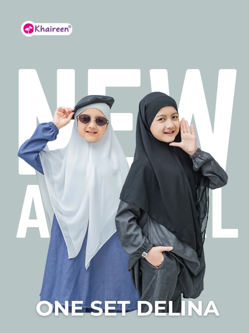 PRE ORDER One Set Delina (3-12 Tahun) Setelan Baju Muslim Celana One Set Panjang Soft Katun Denim Polos Anak Perempuan Casual Semi Jeans