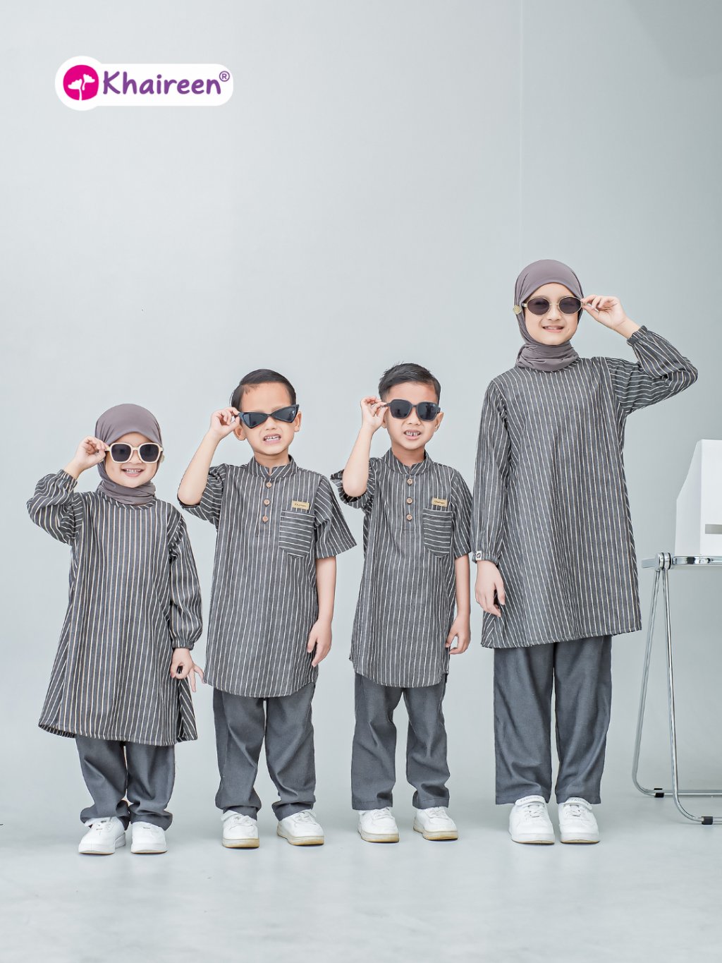 KHAIREEN Koko Ibrahim (2-14 Tahun) Koko Anak Katun Motif Stripe Baju Muslim Anak Laki Laki Casual