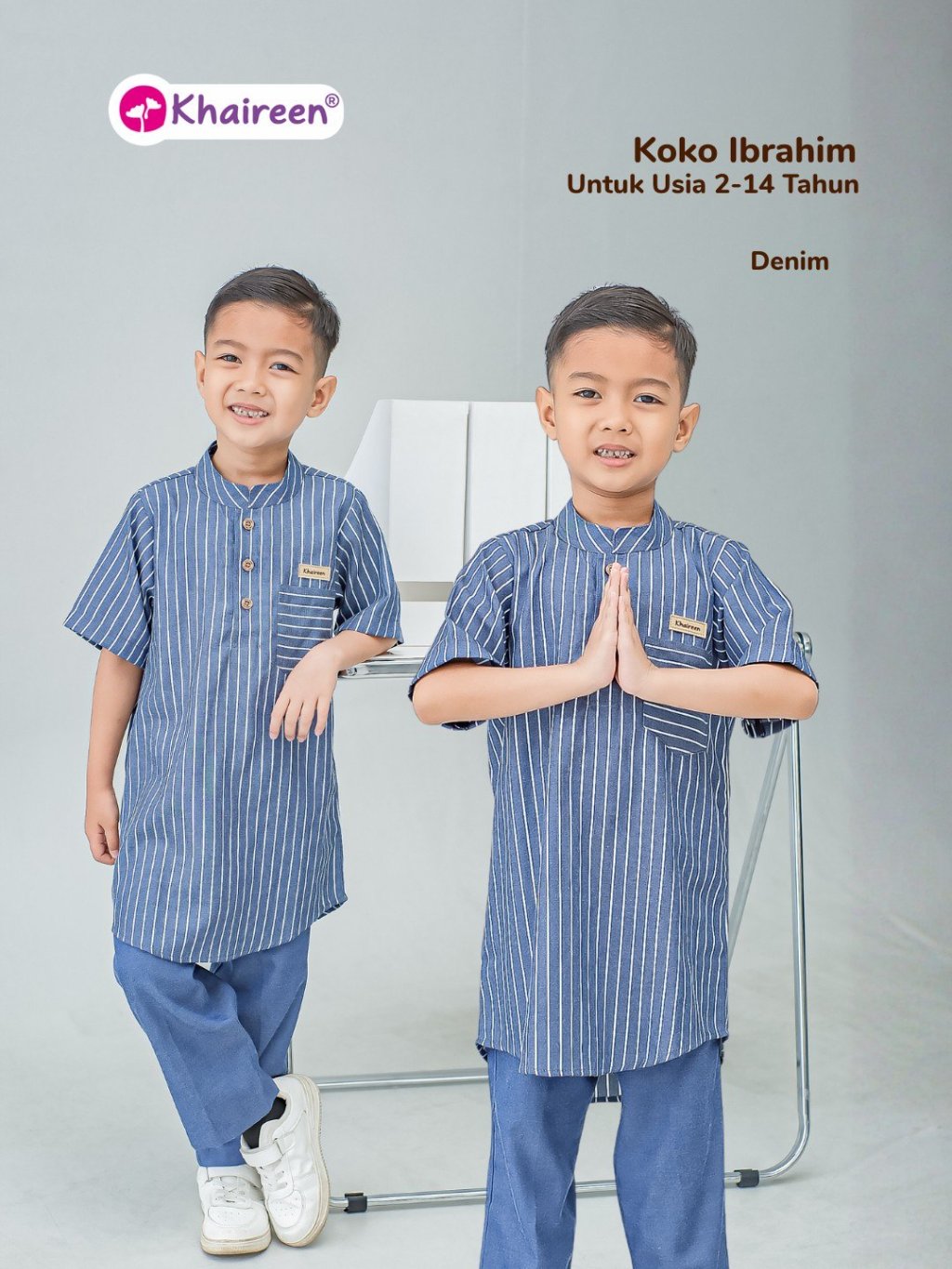 KHAIREEN Koko Ibrahim (2-14 Tahun) Koko Anak Katun Motif Stripe Baju Muslim Anak Laki Laki Casual