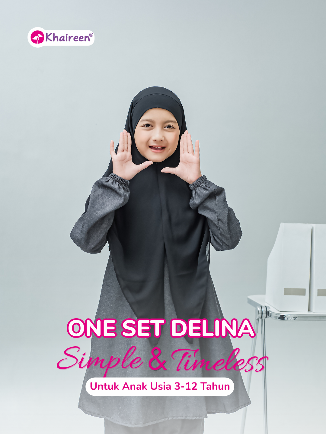 PRE ORDER One Set Delina (3-12 Tahun) Setelan Baju Muslim Celana One Set Panjang Soft Katun Denim Polos Anak Perempuan Casual Semi Jeans
