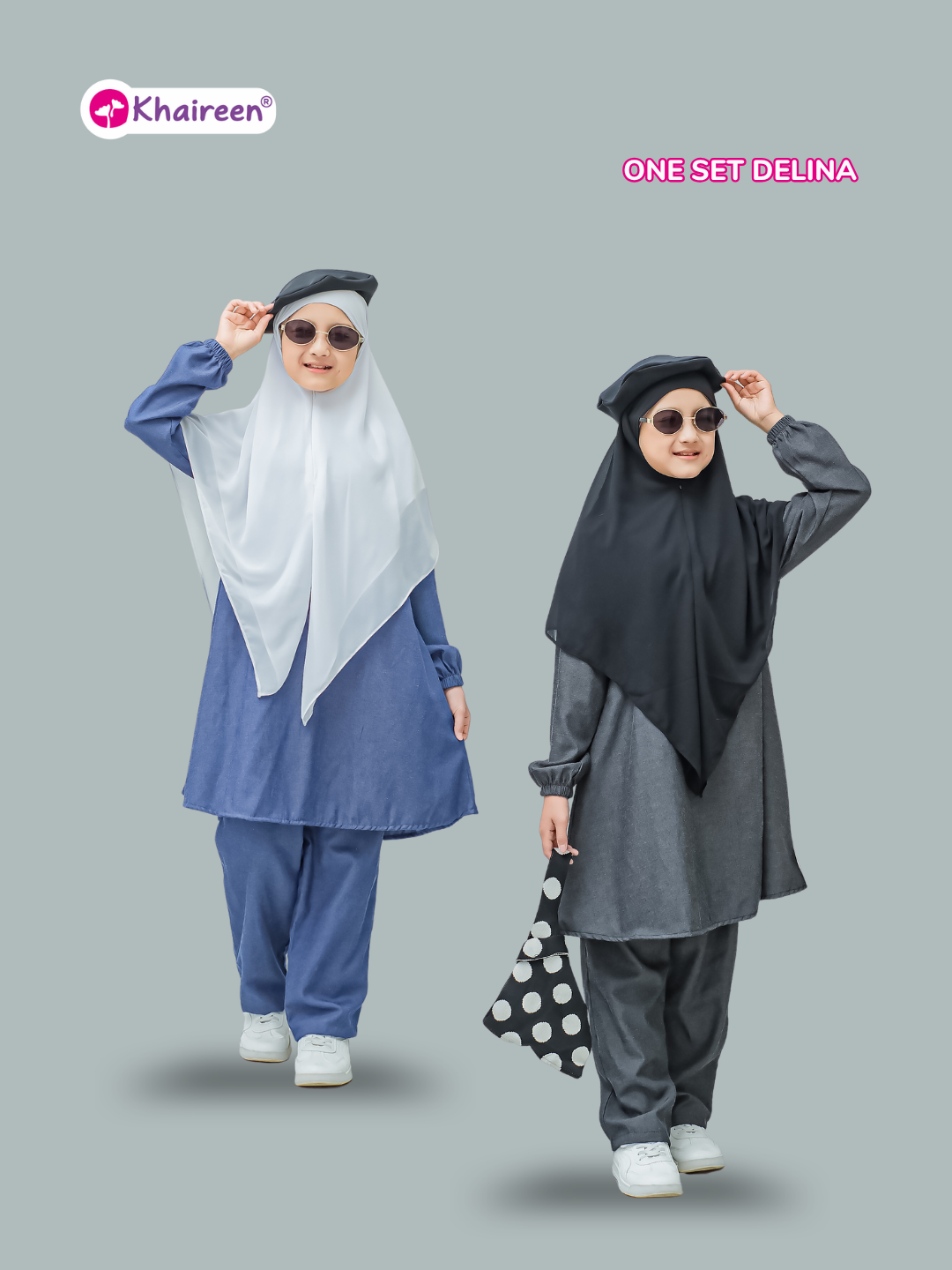 PRE ORDER One Set Delina (3-12 Tahun) Setelan Baju Muslim Celana One Set Panjang Soft Katun Denim Polos Anak Perempuan Casual Semi Jeans