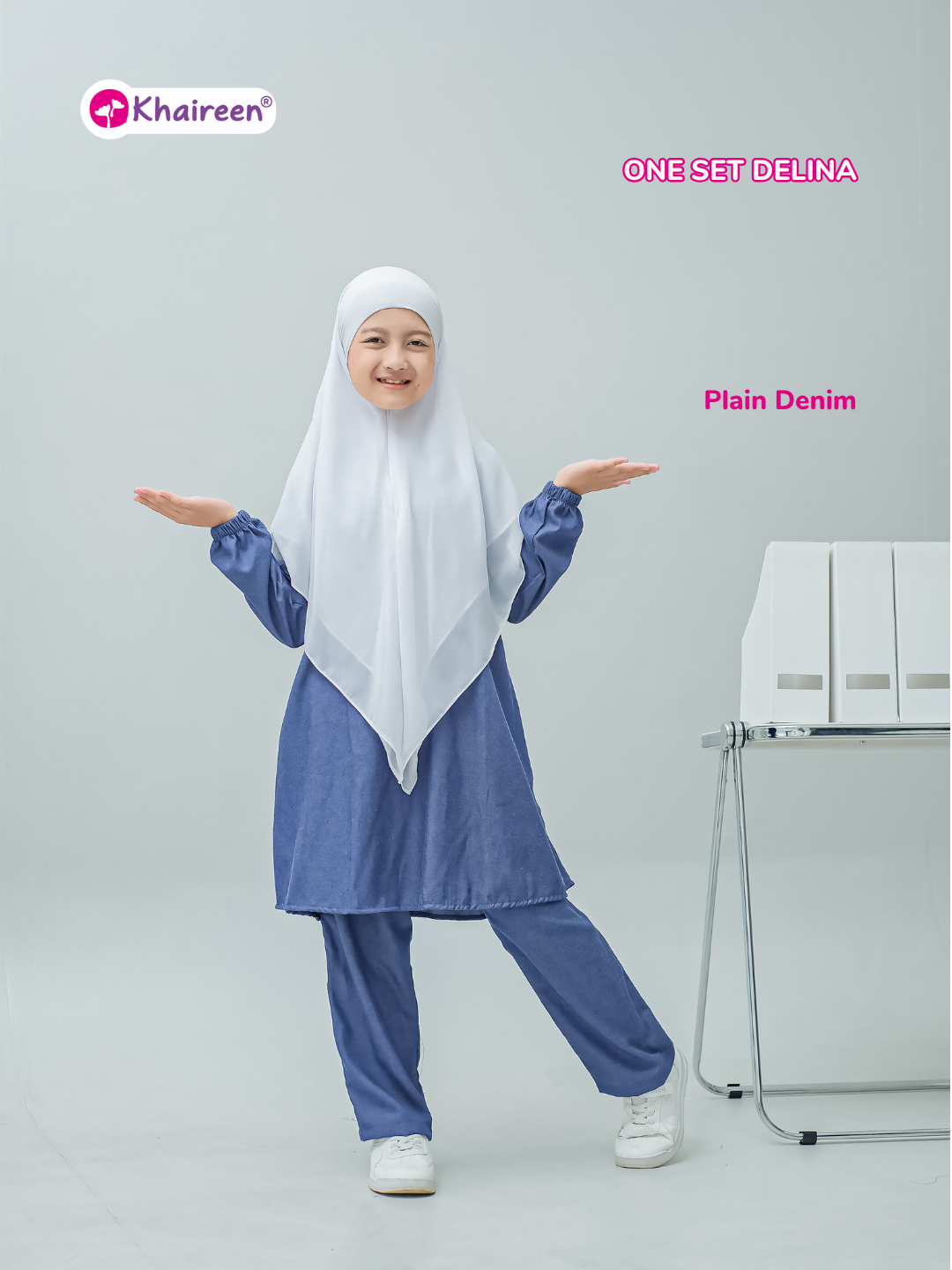 PRE ORDER One Set Delina (3-12 Tahun) Setelan Baju Muslim Celana One Set Panjang Soft Katun Denim Polos Anak Perempuan Casual Semi Jeans