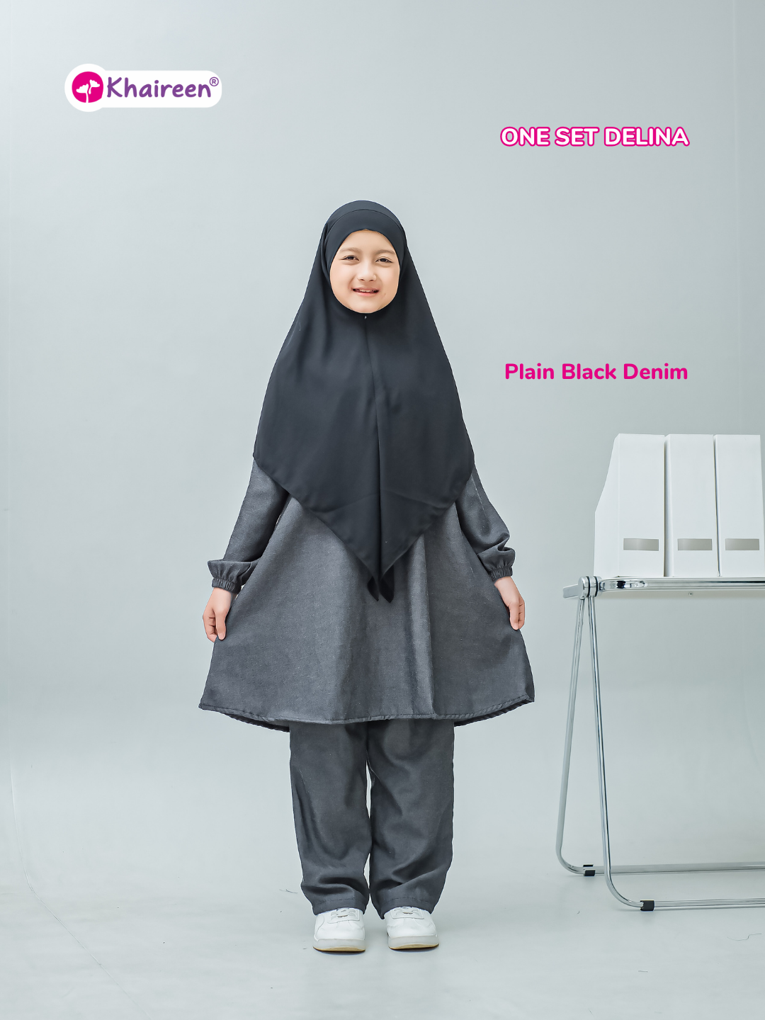 PRE ORDER One Set Delina (3-12 Tahun) Setelan Baju Muslim Celana One Set Panjang Soft Katun Denim Polos Anak Perempuan Casual Semi Jeans