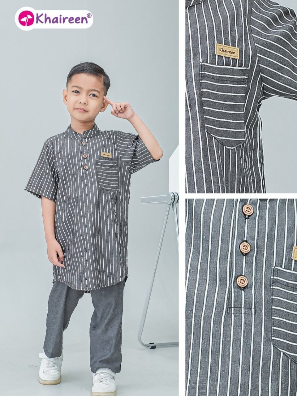 KHAIREEN Koko Ibrahim (2-14 Tahun) Koko Anak Katun Motif Stripe Baju Muslim Anak Laki Laki Casual